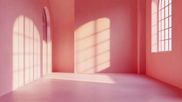 Sunlit pink room featuring natural light streaming through windows, creating a serene, minimalist architectural scene indoors. photo