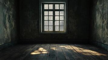 Empty room with textured walls and wooden floor, illuminated by light streaming through a window, creating a sense of solitude. photo