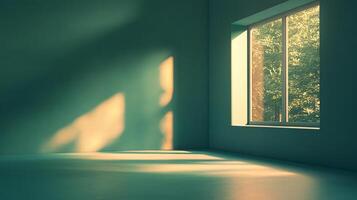 Sunlight streams into a quiet room through the window, casting shadows and illuminating the serene, empty space in a minimalist interior. photo
