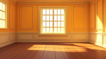 Bright sunlit room with light-orange walls, white trim, and hardwood floors. A large window lets in warm light, creating a tranquil and inviting space. photo