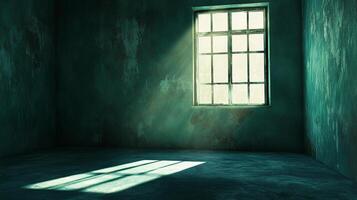 An empty room glows from incoming light through the only window, as light beams illuminate the dusty space in the aged interior. photo