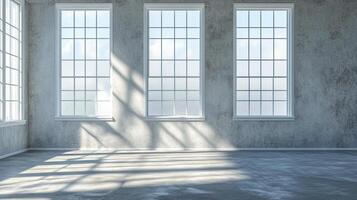 Sunlit empty interior. Sunlight streams through windows casting shadows on the wall and floor in a minimalist concrete space. photo