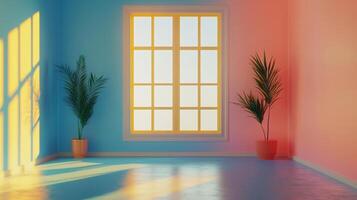 Sunlit room with a vibrant blue and pink color scheme. A large window and plants add a touch of serenity to this calming space. photo