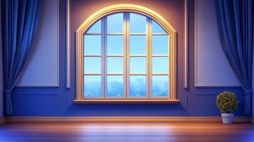 A brightly lit arched window framed by blue curtains and panelled walls in a cozy room with a wooden floor and a potted plant, creating a peaceful scene. photo