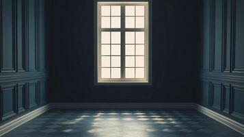 A moody, empty room with dark blue paneled walls, a checkered floor, and a window providing a beam of light. Intimate space with style. photo