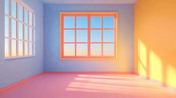 Brightly colored empty room with natural light streaming in through windows, casting shadows across the floor. Interior design with a view. photo