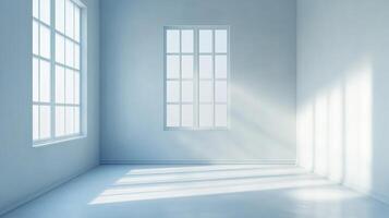 Sunlight streams into a pristine room through multiple windows, creating long shadows across the light-colored floor. photo