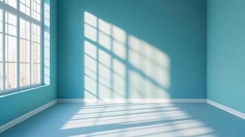 Sunlight streams through a window, casting patterned shadows in a tranquil, unoccupied blue room, illuminating the calming space. photo