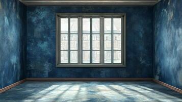 Blue interior with window light. Textured walls and floor create a moody, artistic setting. Minimalist design emphasizes the light's play. photo