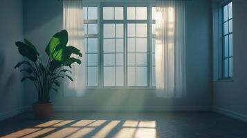 Sunlit room features a large window with sheer curtains, casting shadows across the hardwood floor, with a potted plant in the corner. photo