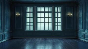 An empty room in a spooky mansion. The dark walls, hardwood floors and a single window create an eerie atmosphere. Haunted house vibes. photo