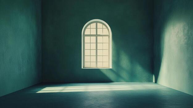 Minimalist architectural interior featuring a central arched window casting light and shadow, creating depth and a calming atmosphere. photo