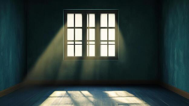 A beam of light illuminates a dark, empty room through a window, creating a stark contrast between light and shadow on the wood floor. photo
