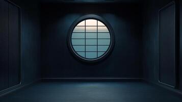 Minimalist room with a round window displaying a soft sky, creating a serene and calming atmosphere. Interior design simplicity. photo