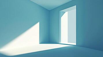 Abstract view of an empty room corner bathed in light. The room is painted in serene blue, creating a calming and minimalist interior space. photo