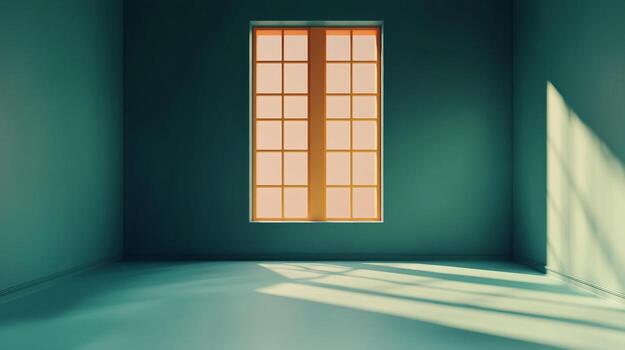 Sunlight streams into a turquoise room through a window with multiple panes, creating an inviting and contemplative ambiance. photo