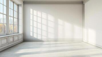 Bright minimalist room with large window casting geometric shadows, pristine walls, and light-toned floor evokes serenity and spaciousness. photo