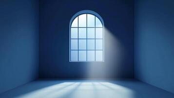 Sunlight streams through a window in a plain, blue room, illuminating the floor with a grid pattern. The room is simple and empty. photo
