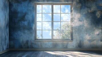 Sunlight streams through a divided window in an empty room with textured walls, creating a bright contrast to the darkened space. photo