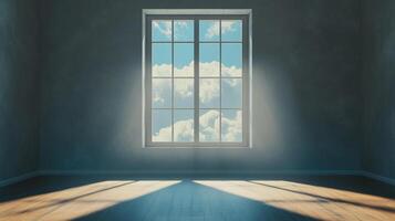 Sunlight streams through a window, illuminating an empty room with a serene, airy quality. The sky is blue with fluffy white clouds. photo
