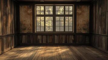 Sunlight streams into a rustic room with wood paneling. A large window frames an outdoor nature scene, creating a warm ambiance. photo