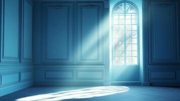 Sunlight streams through an arched window in a blue room, illuminating the floor and highlighting the classic architectural details. photo