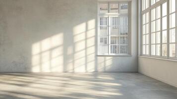 Bright, light-filled room with textured walls, large windows, and sunlight creating shadows across the space. A serene, empty interior. photo