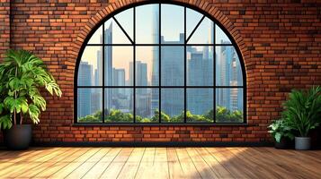 Brick wall loft with arched window view of city skyscrapers, houseplants, and wood floor offering bright urban oasis vibes. photo