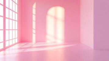 A minimalist room painted in pastel pink with sunlit windows creates a soft and inviting ambiance, perfect for serene contemplation. photo