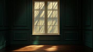 Sunlight streams through a paneled window, illuminating the wood floor in a vintage-style room, creating a warm, inviting atmosphere. photo