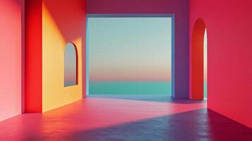 An abstract scene, showing a bright and colorful corridor with a view of the horizon through a doorway on the other end of the hall. photo