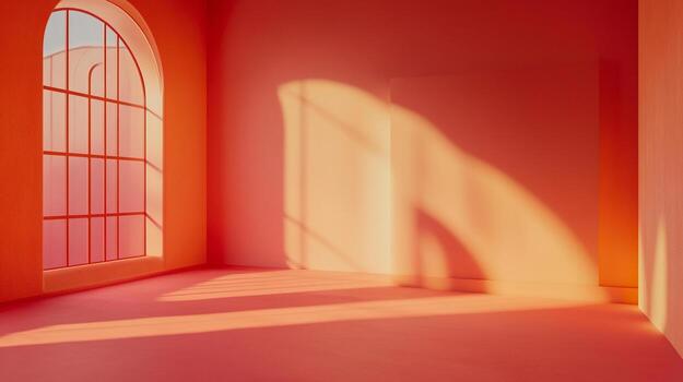 Sunlit minimalist room with orange walls and large window casting shadows, creating a warm and inviting atmosphere. Modern architecture. photo