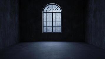 Dark, empty room with textured walls, stone floors, and a large arched window providing soft, diffused light. Minimalist and moody interior. photo