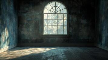 Empty room with an arched window. Light from outside shines onto the floor, illuminating an otherwise shadowy space. photo