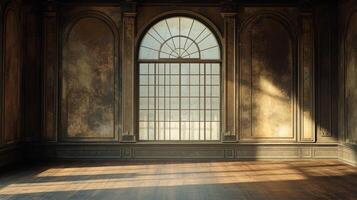 A spacious room features a large window and light wooden floors, creating a serene and inviting atmosphere with natural light. photo
