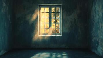 Sunlight streams through a window in a dim, textured room, casting light and shadows across the worn walls and floor, atmosphere is eerie. photo