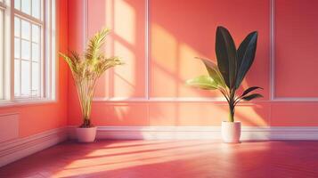 A sunlit room with coral walls, herringbone floor, and potted plants by the window casts long shadows, creating a serene atmosphere. photo