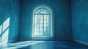 Monochromatic blue room featuring an arched window with light streaming in, creating a serene and calm atmosphere. Interior design concept. photo