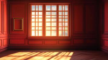 Sunlit room with red walls, a window, and a picture frame, creating a warm and inviting atmosphere, perfect for an interior design. photo