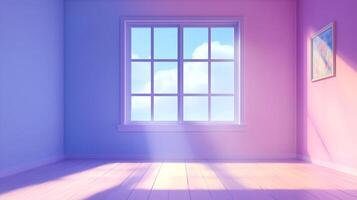 Bright room with a window view of a blue sky and clouds, casting light and shadows across the space. Modern and simple decor. photo