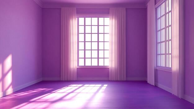 An empty room with sunlight streaming in through the windows, casting shadows on the violet wooden floor creating an inviting space. photo