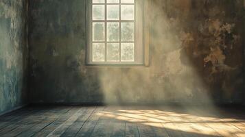 Sunlight streams through a window, illuminating a weathered room with character and texture, creating a serene, atmospheric space. photo