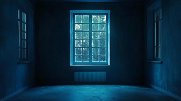 Empty room with window in blue light, creating a serene and contemplative atmosphere, interior of minimalistic studio style, with radiator photo