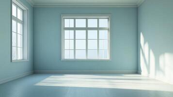A bright, empty room with two windows. The walls are a light blue, and the floor is hardwood. Sunlight streams in, creating a peaceful atmosphere. photo