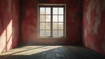 Sunlight through window casts shadows in vacant red room with rustic wooden floor, creating a sense of quiet anticipation. photo