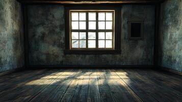 Sunlit room with rustic charm, revealing weathered walls and floorboards, creating a cozy yet spacious interior, featuring a window view. photo