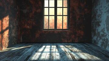 Sunlight streams into a room with aged, stained walls, creating a stark contrast on the weathered wooden floor through a window. photo