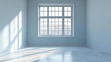A minimalist light blue room with a large window creating sunlit patterns on the floor, offering a calm, peaceful aesthetic. photo