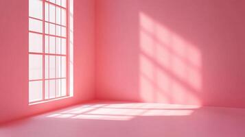 Minimalist room in pastel rose. The soft light of day breaks through the window, bathing the empty space in warm, inviting light. photo