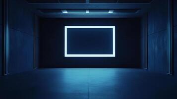 Futuristic blue room interior with a glowing rectangle illuminating the space, creating a modern and immersive environment for technology. photo